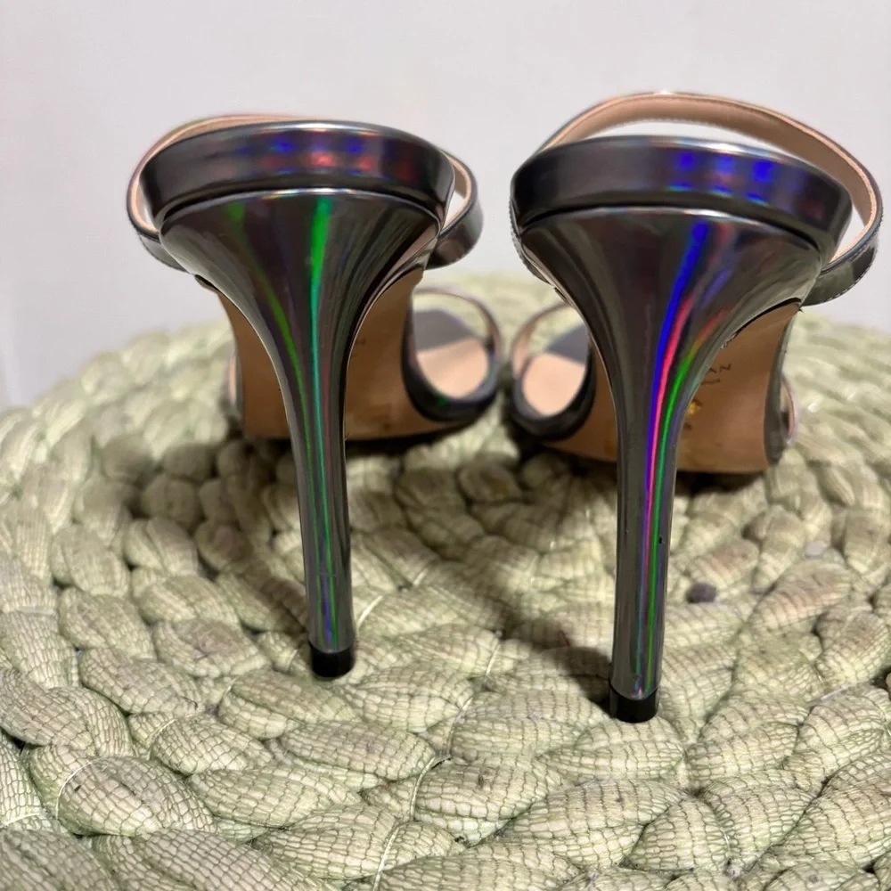 NEW Stuart Weitzman Aleena 100 Silver Hologram Square Toe Slip On Sandal Heels